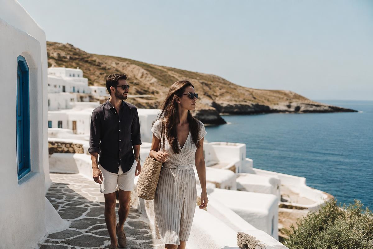 Casal a passear numa vila mediterrânica junto ao mar