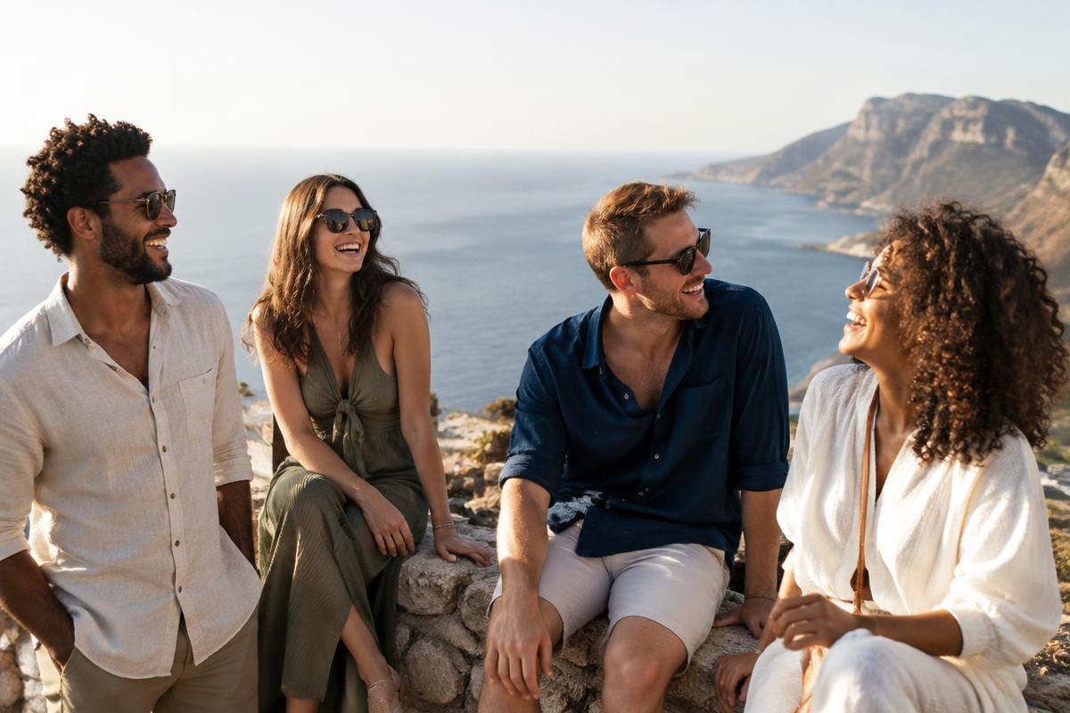 Grupo de amigos num miradouro com vista para o mar
