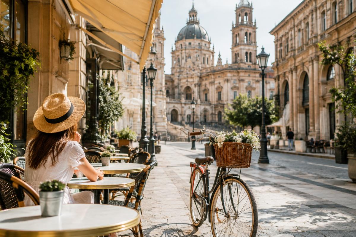 Esplanada e bicicleta numa cidade europeia luminosa