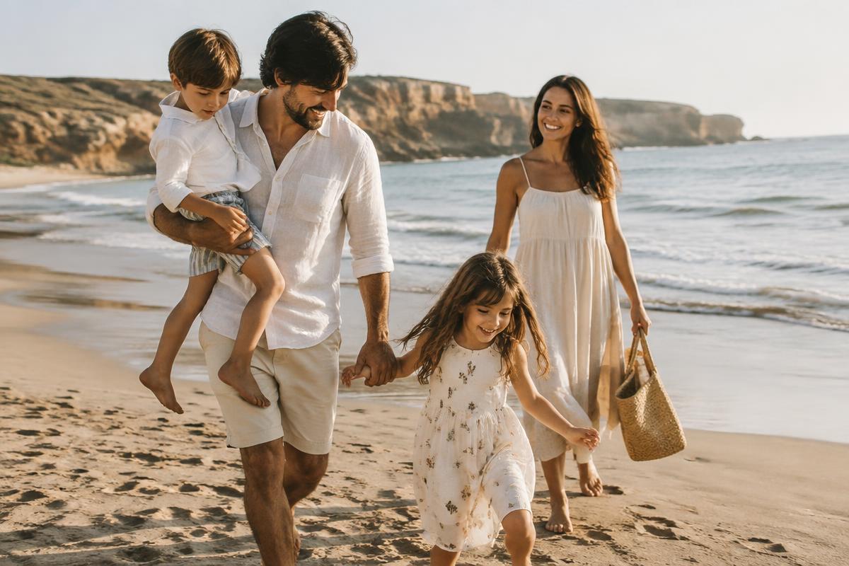 Família com crianças a desfrutar de umas férias na praia