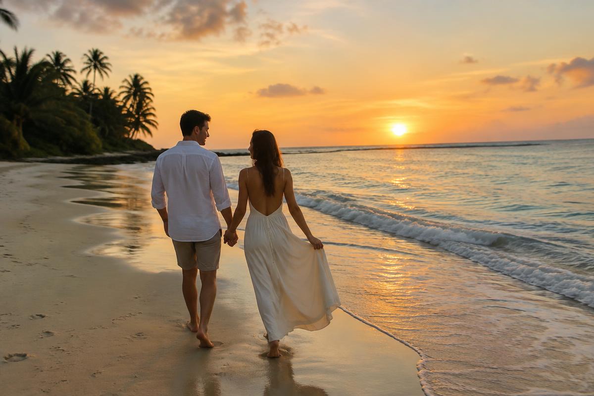 Casal em lua de mel a caminhar numa praia tropical ao pôr do sol