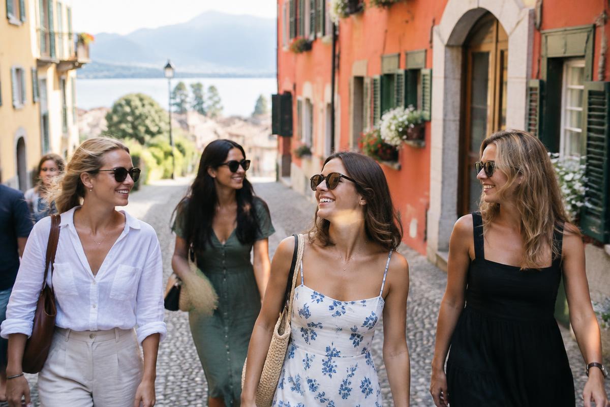 Grupo de mulheres a explorar uma rua colorida junto a um lago